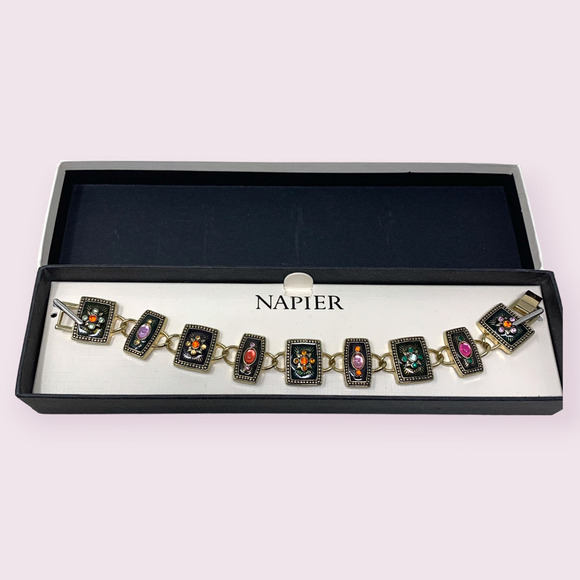 New NAPIER Signed Gold & Black Enamel Crystal Link Tile Bracelet Boxed NIB - Picture 1 of 6